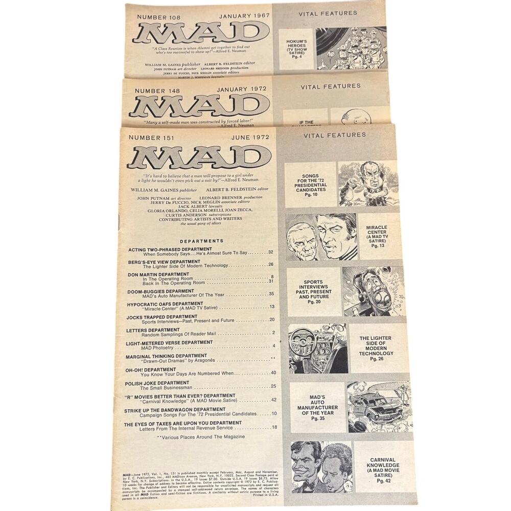 VTG 1972 and 1967 Lot of 3 Coverless Mad Magazines, Numbers 108, 148, 151